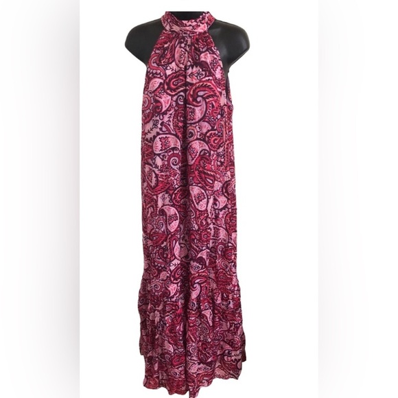 Cynthia Steffe fuchsia red pink combo silk like tiered halter maxi dress‎ size L - Picture 3 of 8